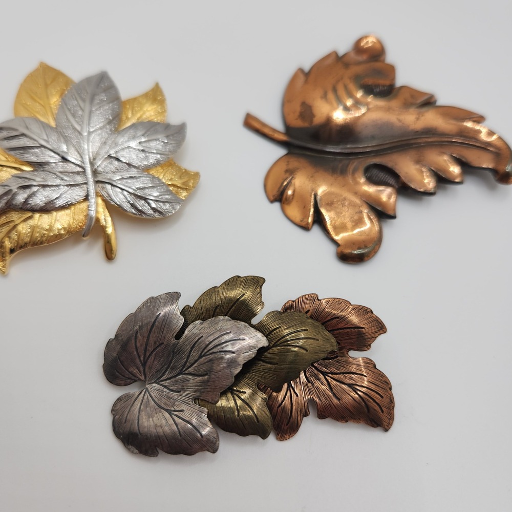 Vintage Leaf Brooch Lot Gold Silver Copper Botanical Fall Autumn‎ 3pc